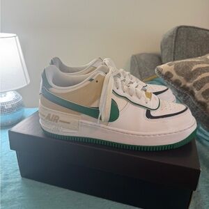 Nike Air Force 1 Low White with Green Navy and Tan Accents 10.5